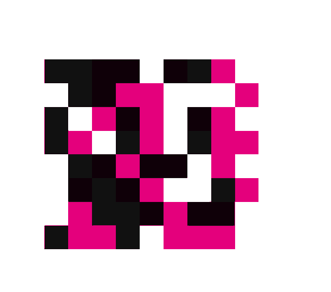 A pixel art face rendered in hot pink and black squares on a white background, resembling a glitchy or mosaic-style portrait. The image corresponds to the described credits artwork by Jack Butcher, presented here in a low-resolution, blocky aesthetic that forms a stylized human face.
