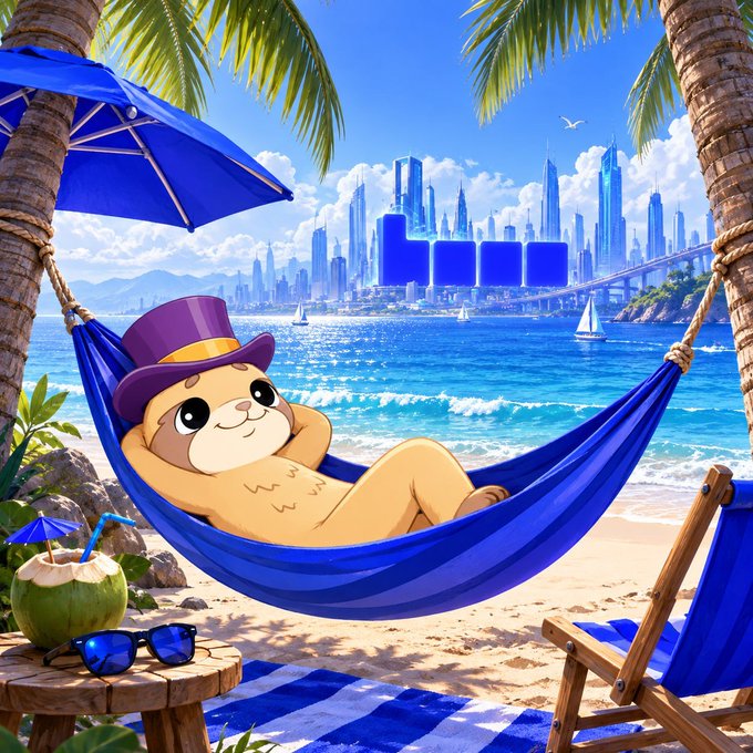 A cartoon sloth character wearing a purple top hat relaxing in a blue hammock on a tropical beach with a city skyline in the background.