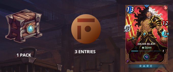 A game interface showing a '1 PACK' chest, a '3 ENTRIES' button with a person icon, and a character card labeled 'JOLIUS BLAST' (Djinn) with stats 73, 12, and 3, marked as RARE.