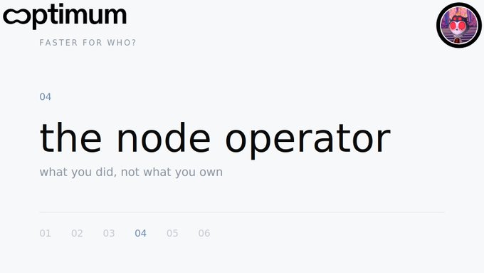 A webpage header for "optimum" with the title "the node operator" and subtitle "what you did, not what you own," showing section navigation 01-06.