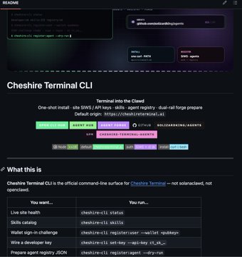 Screenshot of a GitHub README for 'Cheshire Terminal CLI', a command-line tool for SWAY / AI Agent registry, with sections 'What this is' and a table listing commands like 'cheshire-cli status', 'cheshire-cli skills', and 'cheshire-cli registerUser --wallet <pubkey>'.