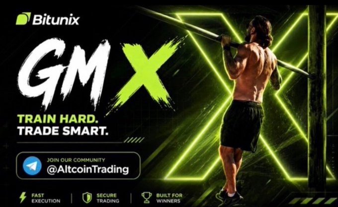 A promotional banner for Bitunix features the slogan "GM X" with the tagline "Train Hard. Trade Smart," alongside an image of a muscular man working out with battle ropes, visually reinforcing the post's message that successful trading—like fitness—comes from disciplined basics rather than secret strategies. The banner also invites users to join the community @AltcoinTrading and highlights features like "Fast Execution," "Secure Trading," and "Built for Winners."