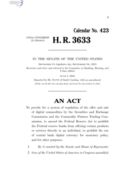 This image shows H.R. 3633, "AN ACT To provide for a system of regulation of the offer and sale of digital commodities," which is relevant to the potential impact on altcoin markets discussed in the post.