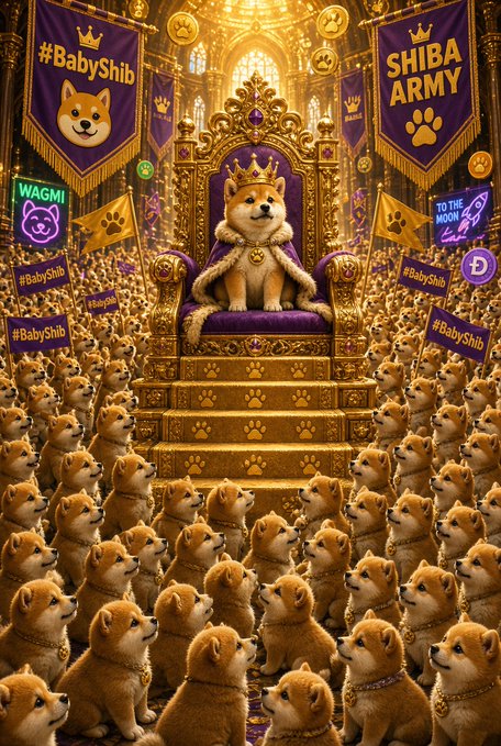 An artistic depiction of BabyShib (a Shiba Inu puppy wearing a crown and fur cape) sitting on a golden throne surrounded by a crowd of similar puppies, with banners reading '#BabyShib', 'SHIBA ARMY', 'WAGMI', and 'TO THE MOON'.