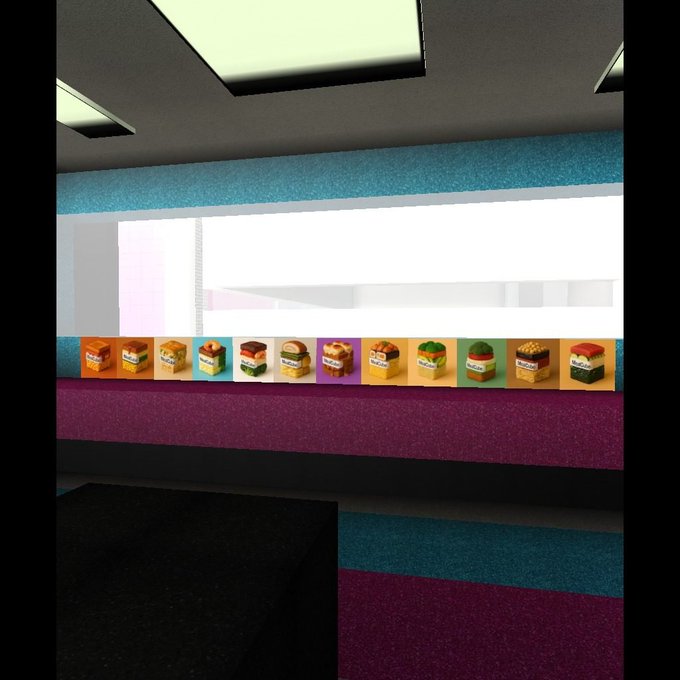 A low-resolution, retro-style 3D rendered scene of a store interior featuring a counter with a row of small colorful boxes or sandwiches and a striped wall.