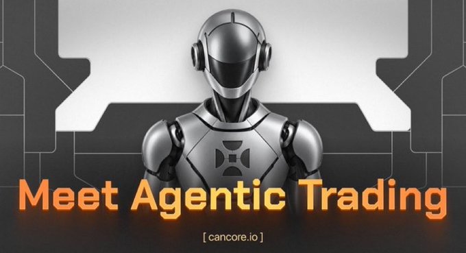 A robotic figure stands against a sleek, futuristic gray background with the bold orange text "Meet Agentic Trading" and the website "[cancore.io]" displayed at the bottom, promoting Cancore.io's AI-powered trading agent for cryptocurrency trading without requiring access to users' private keys.