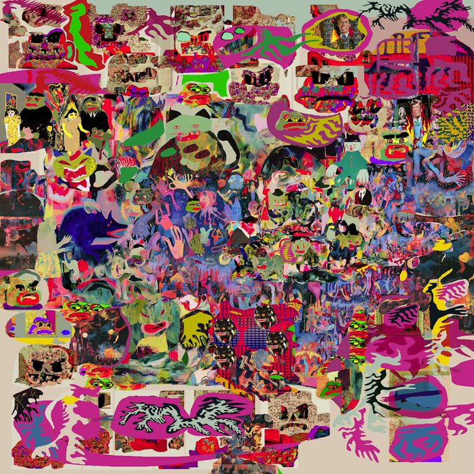 A vibrant, chaotic mixed-media artwork densely packed with colorful collaged figures, faces, butterflies, and abstract shapes in vivid pinks, greens, and blues.
