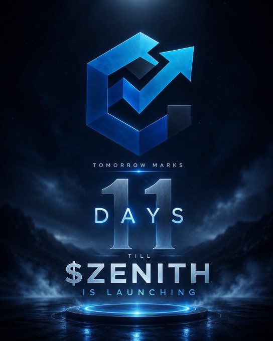 A dark futuristic promotional poster featuring a blue 3D logo with an arrow, announcing 'TOMORROW MARKS 11 DAYS TILL $ZENITH IS LAUNCHING'.