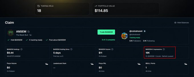 A crypto dashboard showing a claim for $ANSEM token (The Black Bull) with 18 tokens held, $114.85 portfolio value, $8.44 holdings, 5 days held, $11 volume, and 16K X impressions, trading on Bullpepe.