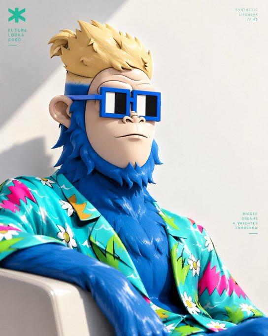 A 3D-rendered character with spiky blonde hair, blue furry body, pixelated sunglasses, and a tropical floral Hawaiian shirt, branded with 'FUTURE LOOKS GOOD' and 'SYNTHETIC LIFEMEAS // 01' text.