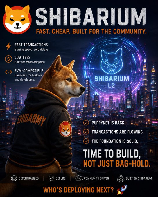 A promotional graphic for 'SHIBARIUM' featuring a Shiba Inu dog in a 'SHIBARMY' hoodie, listing features like fast transactions, low fees, and EVM-compatibility, with the slogans 'TIME TO BUILD, NOT JUST BAG-HOLD.' and 'WHO'S DEPLOYING NEXT?'.