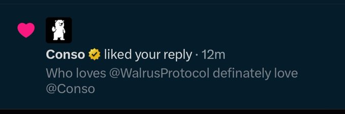 A Twitter/X notification showing that user 'Conso' (with a verified checkmark) liked a reply that said 'Who loves @WalrusProtocol definately love @Conso' 12 minutes ago.