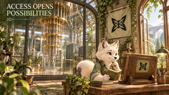 An illustrated scene shows a white, fox-like character sitting at a wooden desk in a greenhouse-like room, reading a book with a butterfly logo on the cover, under the text "ACCESS OPENS POSSIBILITIES."