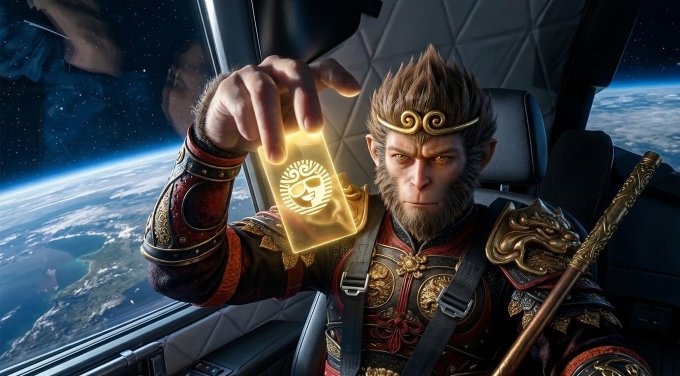 Justin Sun, dressed in ornate Sun Wukong-inspired armor, holds up a glowing golden card featuring a phoenix emblem while seated in a spacecraft with Earth visible through the window behind him, recreating a space-themed tribute image.