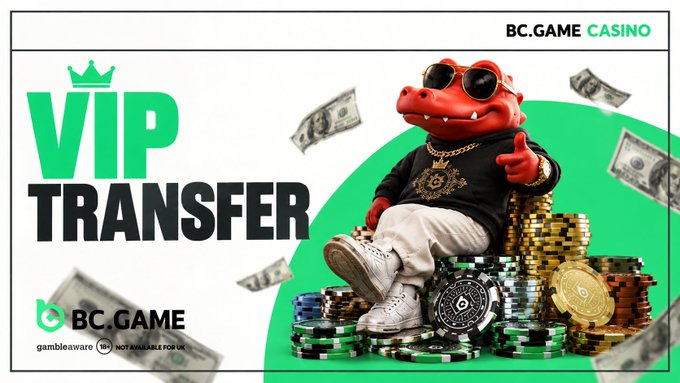 A promotional advertisement for BC.GAME Casino featuring a 'VIP TRANSFER' offer, showing a red crocodile mascot wearing sunglasses and gold chains sitting on a pile of casino chips with cash flying around, including an 18+ gambling warning.