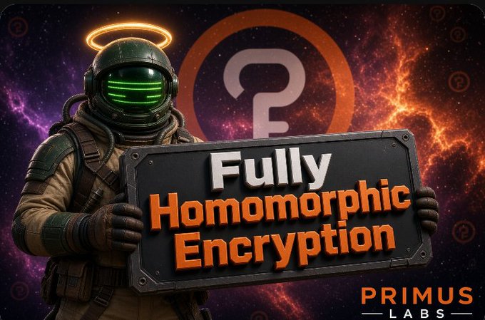 Primus Labs advertisement showing a futuristic armored figure with a glowing green helmet and halo holding a sign that reads 'Fully Homomorphic Encryption' against a cosmic background.