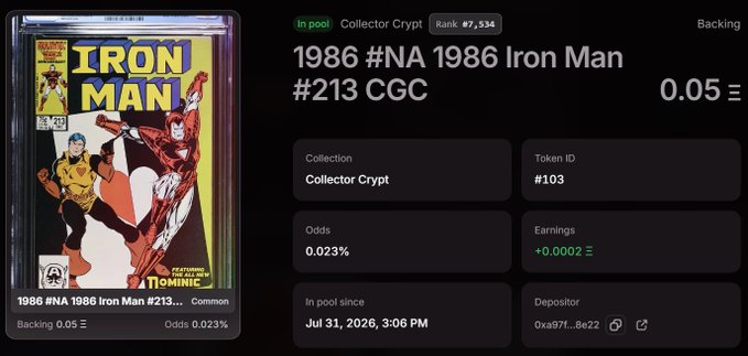 Screenshot showing a graded 1986 Iron Man #213 CGC comic book with Collector Crypt details including Token ID #103, 0.023% odds, and in-pool since Jul 31, 2026.
