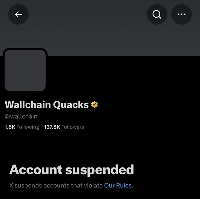 A screenshot of a suspended X (Twitter) account named 'Wallchain Quacks' (@wallchain) with 137.8K followers, displaying a message that reads 'Account suspended' because it violates 'Our Rules'.