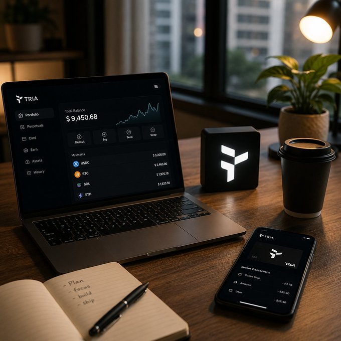 A desk setup featuring a laptop and smartphone displaying a crypto portfolio app called 'TRIA' with a total balance of $9,450.68, alongside a coffee cup and notebook with a 'Plan, focus, build, ship' list.