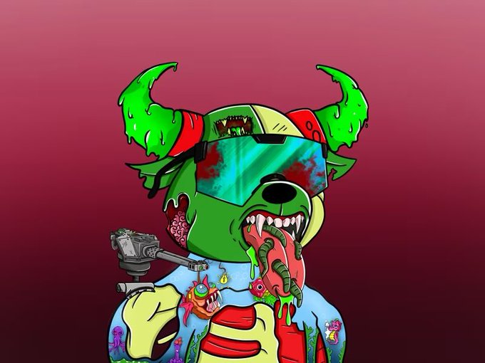 A cartoon illustration of a green horned monster wearing VR goggles, with a bloody mouth and tongue, holding a ray gun against a red gradient background.
