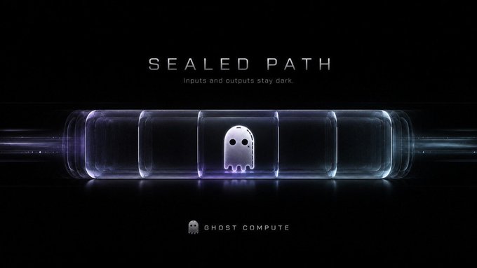 A dark, futuristic banner for 'SEALED PATH' with the tagline 'Inputs and outputs stay dark,' featuring a glowing Pac-Man-style ghost icon inside a transparent cylindrical chamber, branded 'GHOST COMPUTE' below.