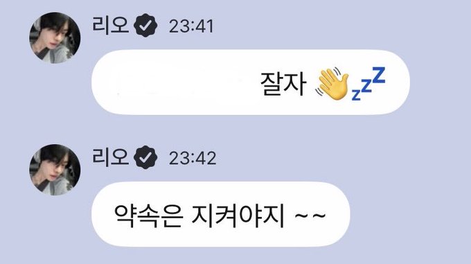 The image shows a chat screenshot from user "리오" (Rio) at 23:41 and 23:42, containing two messages: "잘자 👋💤" (Good night with sleeping emojis) and "악숙은 지켜야지 ~~" (Promises must be kept ~~). This matches the post context of LEO keeping his promise to say goodnight to fans.