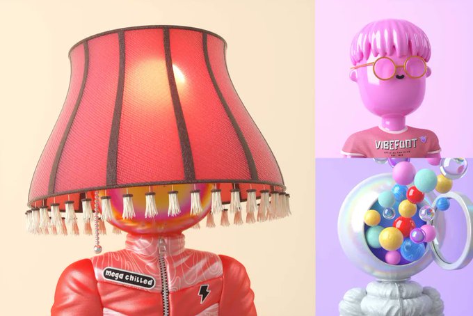 3D rendered image showing a character with a lamp shade for a head wearing a red 'mega chilled' jacket, alongside a pink 'VIBEFOOT' character and a bowl of colorful spheres.