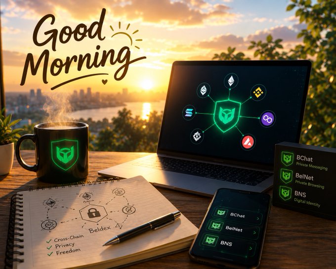 A workspace setup at sunrise with "Good Morning" text, featuring a mug, laptop displaying Beldex security icons, a notebook with "Beldex" diagrams, and a phone showing BChat, BelNet, and BNS apps.