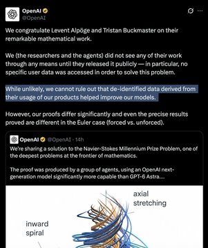 A dark-mode X post from OpenAI congratulates Laurent Alloë and Tristan Buckmaster, says it cannot rule out data derived from their work helping improve its models, and references a Navier–Stokes Millennium Prize problem.