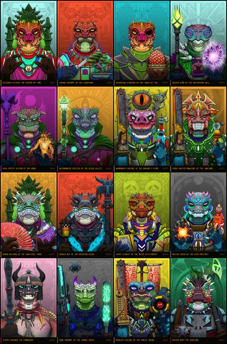 A grid of 16 colorful crypto-NFT collectible cards featuring reptilian/monster-themed warriors and shamans in various roles, including 'Leader of the Chopstick Clan,' 'Priestess,' 'King of the Underworld,' and 'Vampire.'
