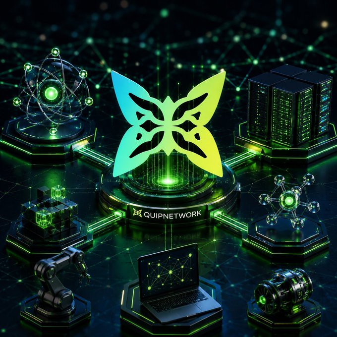 A futuristic 3D rendering with a central glowing butterfly logo labeled 'QUIPNETWORK', surrounded by technological elements like servers, an atom, and a laptop in green and dark tones.
