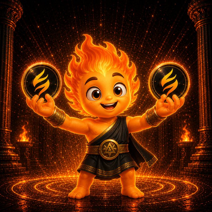 A cartoon-style illustration of a cheerful fire-headed child holding two flaming orbs, wearing a black tunic with a gold geometric belt buckle, standing on a glowing ritual circle.