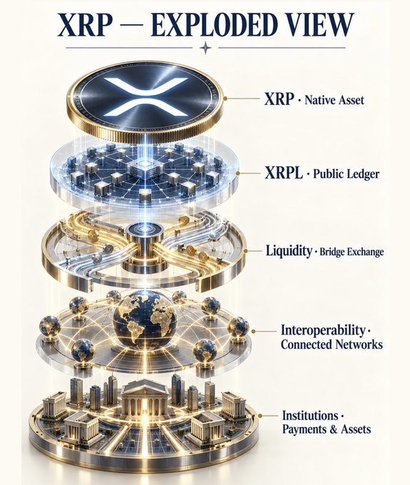The image, captioned "XRP — EXPLODED VIEW," presents a layered infographic breaking down the XRP ecosystem into five vertically stacked components: the XRP Native Asset (token), XRPL Public Ledger, Liquidity/Bridge Exchange, Interoperability/Connected Networks, and Institutions/Payments & Assets.

The visual ties directly to the accompanying post's mention of XRP, the XRPL Foundation (@XRPLF), Interledger (@Interledger), Ripple (@Ripple), and regulators like the @SECGov, @CFTC, and @USTreasury by illustrating how the asset, liquidity tools, and institutional payment infrastructure interconnect across the broader financial and regulatory landscape.