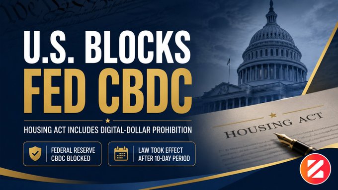 A graphic titled "U.S. BLOCKS FED CBDC" featuring the U.S. Capitol dome and a document labeled "HOUSING ACT," highlighting that the 21st Century ROAD to Housing Act became law without the president's signature and includes a digital-dollar prohibition that blocks a Federal Reserve CBDC after a 10-day period.