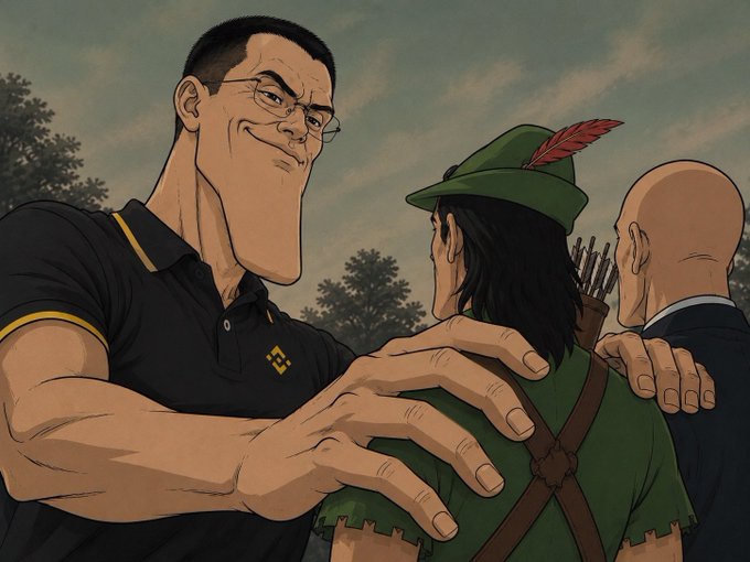 A cartoon illustration showing a smiling, muscular man wearing glasses and a black polo shirt with a Binance logo, looming over and placing a large hand on the shoulder of a smaller figure dressed as Robin Hood, while a bald man in a suit stands in the background.