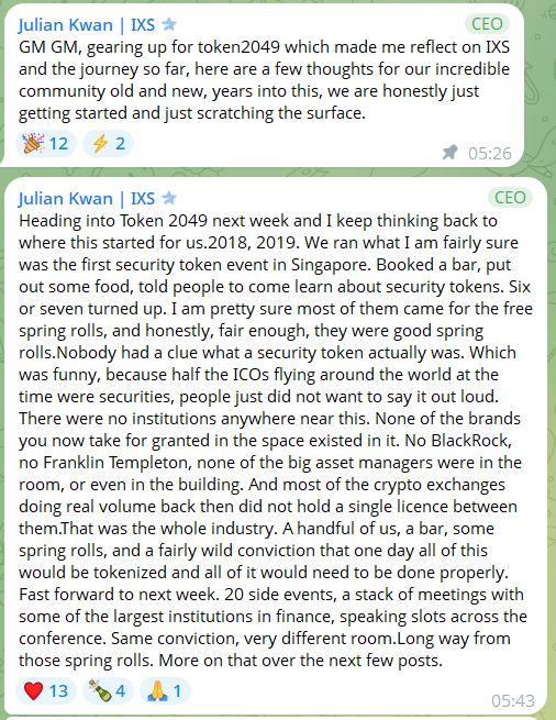 Two Telegram messages from Julian Kwan (CEO of IXS) reflecting on Token 2049 and the early days of security tokens starting in Singapore.
