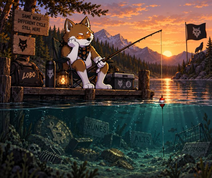 An animated illustration of a fox-like wolf character fishing from a wooden dock at sunset, with a sign reading 'SAME WOLF DIFFERENT CYCLE STILL HERE' and underwater cryptocurrency-themed items including Bitcoin runes and altcoins.