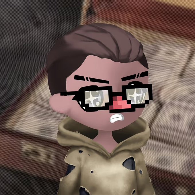 Close-up of an animated avatar character wearing pixelated/blocky glasses with sparkling star effects, a tattered beige hoodie, and an expressive face, set against a newspaper-texture background.
