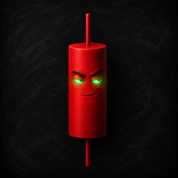 A mischievous red cartoon dynamite stick with glowing green eyes and a sinister grin sits against a dark background, visually embodying the "rugged" meme concept referenced in the post's $RUGGED token promotion. The explosive imagery cleverly represents the feeling of being "rugged" in crypto trading, aligning with the project's branding and Solana community message.