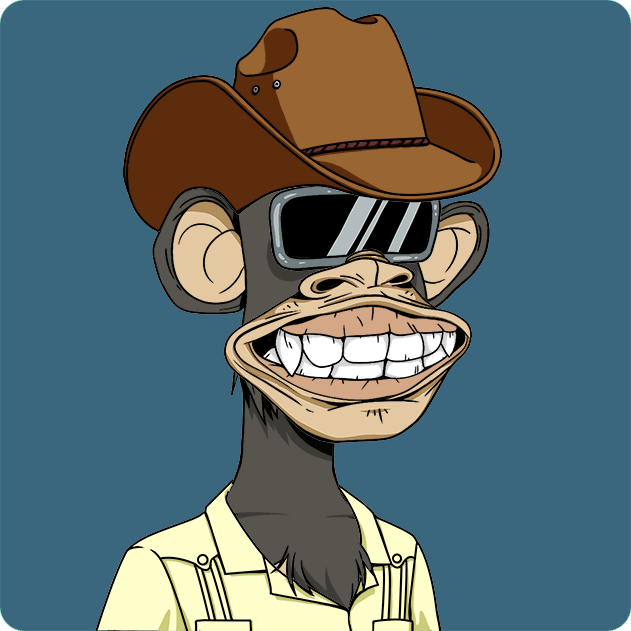 The image features a cartoon monkey wearing sunglasses, a hat, and a shirt with suspenders. The monkey appears to be smiling and has a big, happy expression. The caption of the image reads "Ape #3676 Bought for 9.75 ETH 0xd360...3a5c ranchovault.eth etherscan.io/tx/0x1dbbb6ff9 ... Return to Monke: opensea.io/collection/bor".