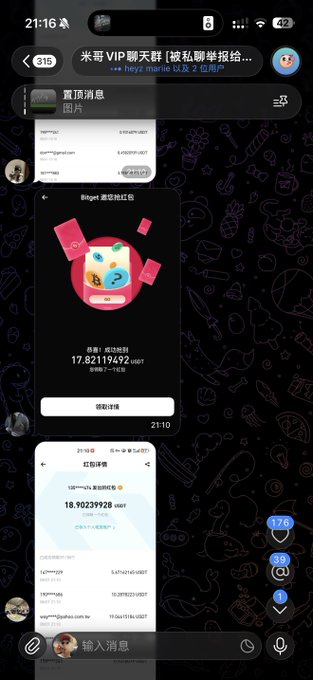 A Telegram chat screen in Chinese showing shared images including a Binget red packet (红包) transaction of 17.8219492 USDT and a red envelope (红包详情) of 18.9023928 USDT.