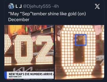A tweet from @Djehuty555 showing New Year's Eve numbers arriving in Times Square, with the tweet text noting 'May "Sep"tember shine like gold (on December'.