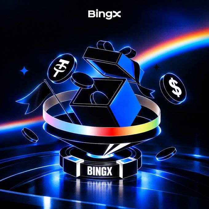 A promotional graphic for 'BingX' featuring an open gift box with floating cryptocurrency coins and a rainbow in the background.
