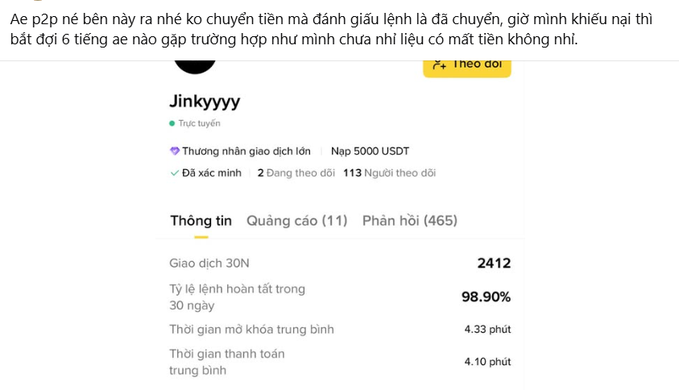 A Binance P2P trader profile for user "Jinkyyy" showing 2,412 trades with 98.90% completion rate, 4.33 min average unlock time, and 5000 USDT deposit. The Vietnamese text above warns about placing orders without having funds available, leading to account warnings.