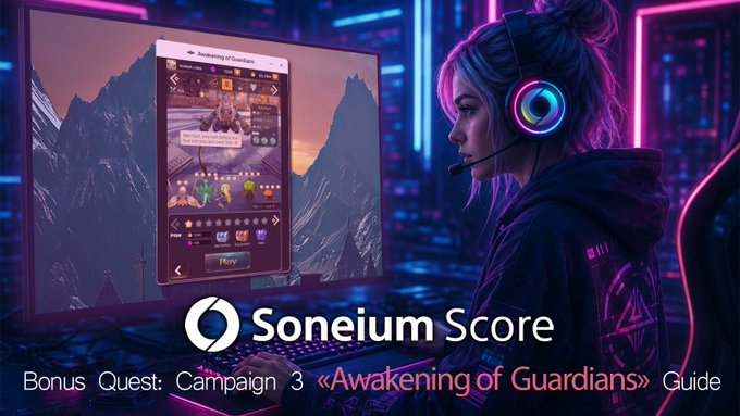 The image features a woman wearing headphones sitting at a computer with a monitor displaying an advertisement for a video game called "Soneium Score" (season 11). The woman appears to be playing the game, as she has her hands on the keyboard while looking at the screen. The text in the image suggests that this is a promotional post for the game and includes details about the game's campaign, which involves a character named "AOGuardians".