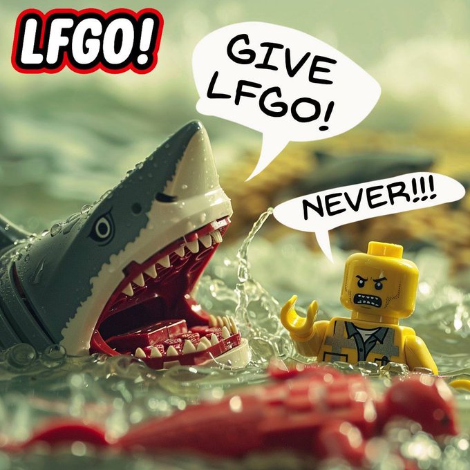 A meme featuring a LEGO shark and a LEGO minifigure in water, with speech bubbles reading 'LFGO!', 'GIVE LFGO!', and 'NEVER!!!'.