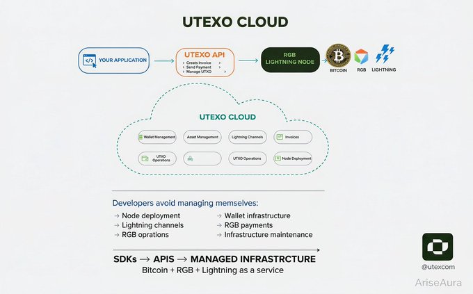 A diagram illustrating "UTEXO CLOUD" Bitcoin and RGB Lightning infrastructure services, listing features like wallet management, asset management, and UTXO operations.