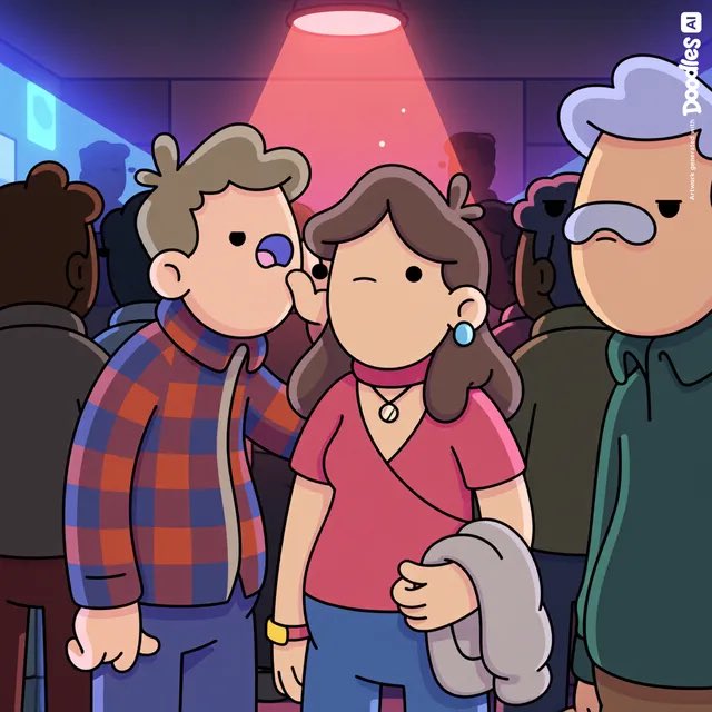 A cartoon illustration in Doodles NFT style showing three characters at what appears to be a club or party with a red spotlight, featuring a young man winking, a smiling woman in pink, and an older bearded man in a hoodie.