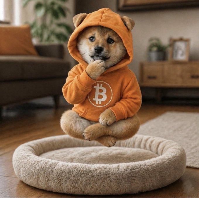 The image features a small brown dog wearing an orange hoodie with a Bitcoin symbol on it, sitting on top of a beige pet bed or cushion. The dog appears to be posing for the photo while looking directly at the camera. The caption above the image reads "IF you're not thinking $DOG 24/7 ARE YOU even awake?". This suggests that the dog is aware of its surroundings and might be expecting some form of interaction, such as a response from someone taking the picture or an attempt to engage with it in some way.