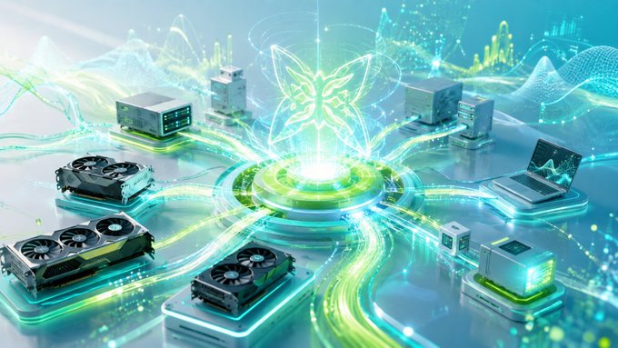 A futuristic 3D illustration featuring a glowing green butterfly surrounded by GPUs, data servers, and digital energy streams.